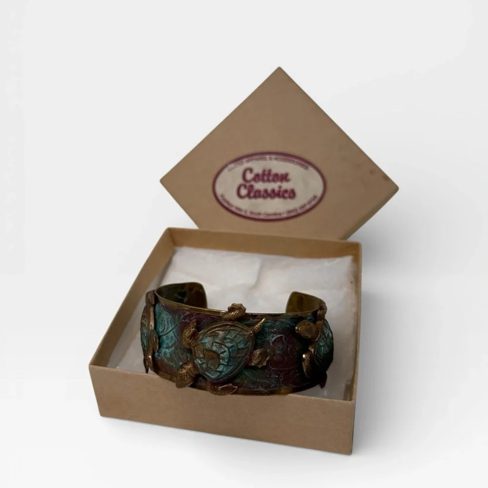 Elaine Coyne Collectible Artwear Sea Turtle Cuff Bracelet Verdigris Patina Brass